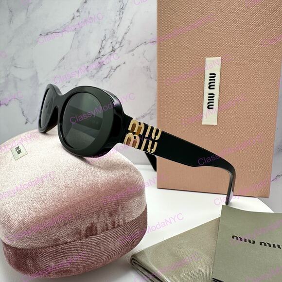 New MIU MIU Sunglasses Black Acetate Oval Gold Metal Logo Authentic Italy main image 4